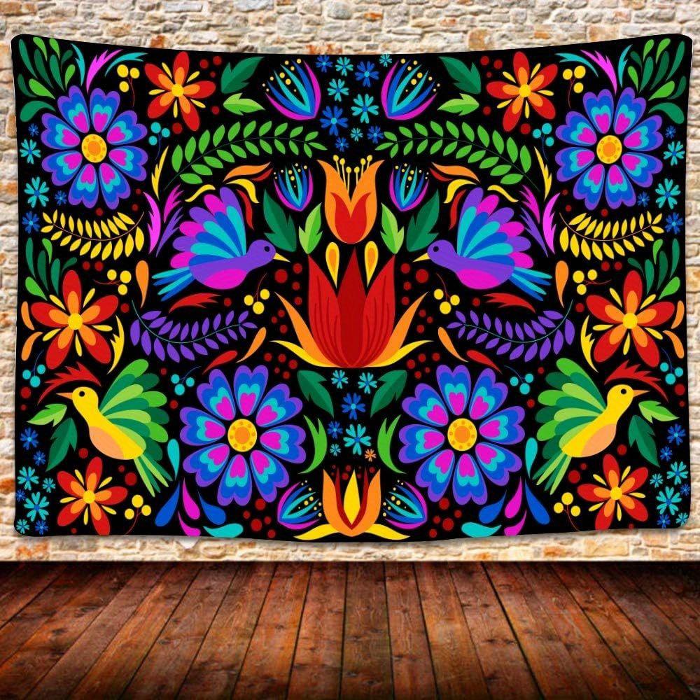 60×40 Inch Mexican Embroidered Tapestry, Vibrant Flower & Bird Pattern, Cultural Living Room Wall Decor