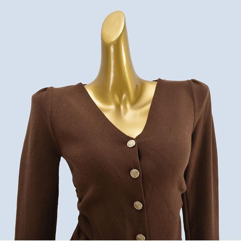 Cardigan V Neck Ruched Single-Breasted Long Sleeve Silm Pure Color Knitting Sweater Plaid Stretch Female Fashion Stylish