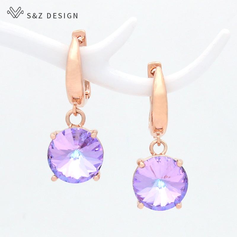 Colorful Round Large Crystal Drop Earrings For Women Wedding Jewelry Fashion Rose Gold Color Eardrop Gift