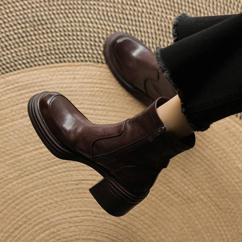 Осенне-зимние женские ботинки-мартин средней высоты, однотонные, большого размера, на высоком каблуке, с круглым носком, универсальные кожаные ботинки из коровьей кожи