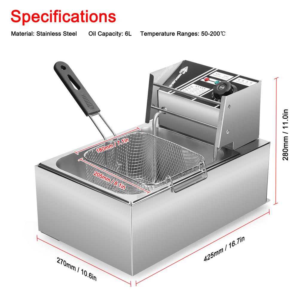Электрическая фритюрница из нержавеющей стали, фритюрница для курицы, емкость масла 6 л, со съемной жаркой