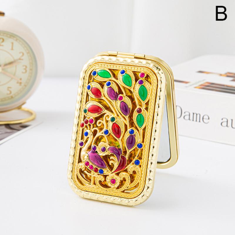 Складное Ретро Ручное Зеркало для Макияжа Компактное Карманное Зеркало с Принтом Павлина Двустороннее Прямоугольное Зеркало для Макияжа и Туалетного Столика