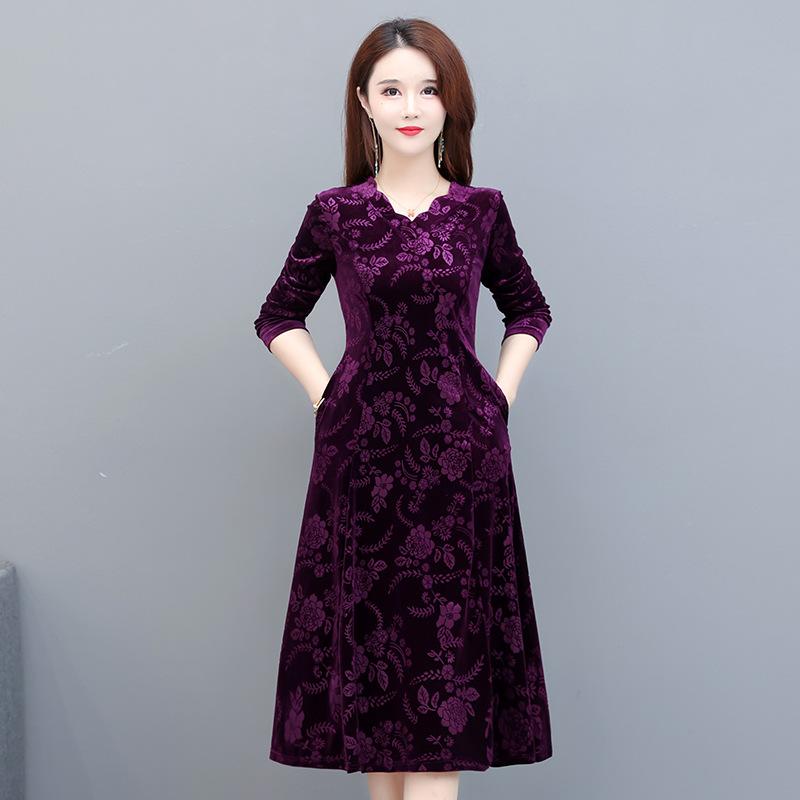 Осеннее бархатное платье для мамы больших размеров, тонкое платье средней длины с длинными рукавами для женщин среднего и пожилого возраста