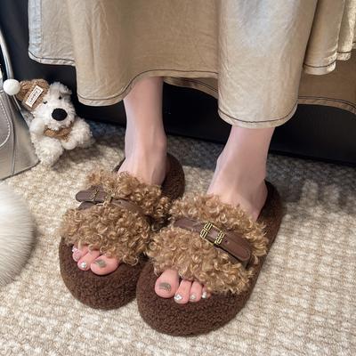 Кудрявые волосы толстая подошва пушистые тапочки женская обувь 2025 осень и зима верхняя одежда корейская версия высококачественная пряжка ремня однословные хлопковые тапочки