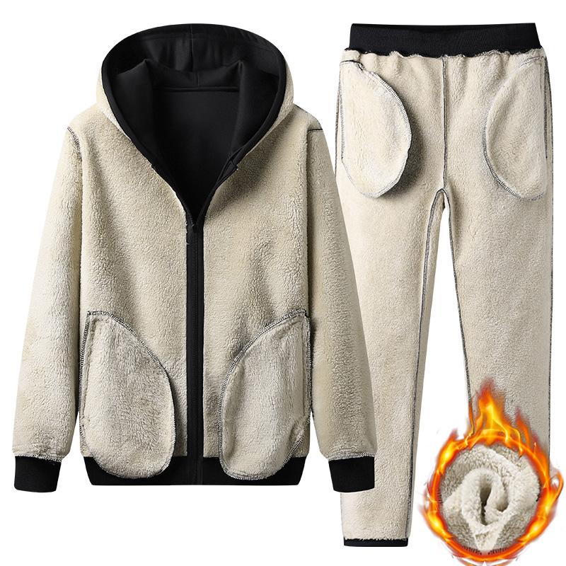 Men's Sets Winter Thick Hooded Tracksuit Men Solid Warm Casual Jacket + Sweatpants 2 Pieces Set Streetwear Sweatsuit Male