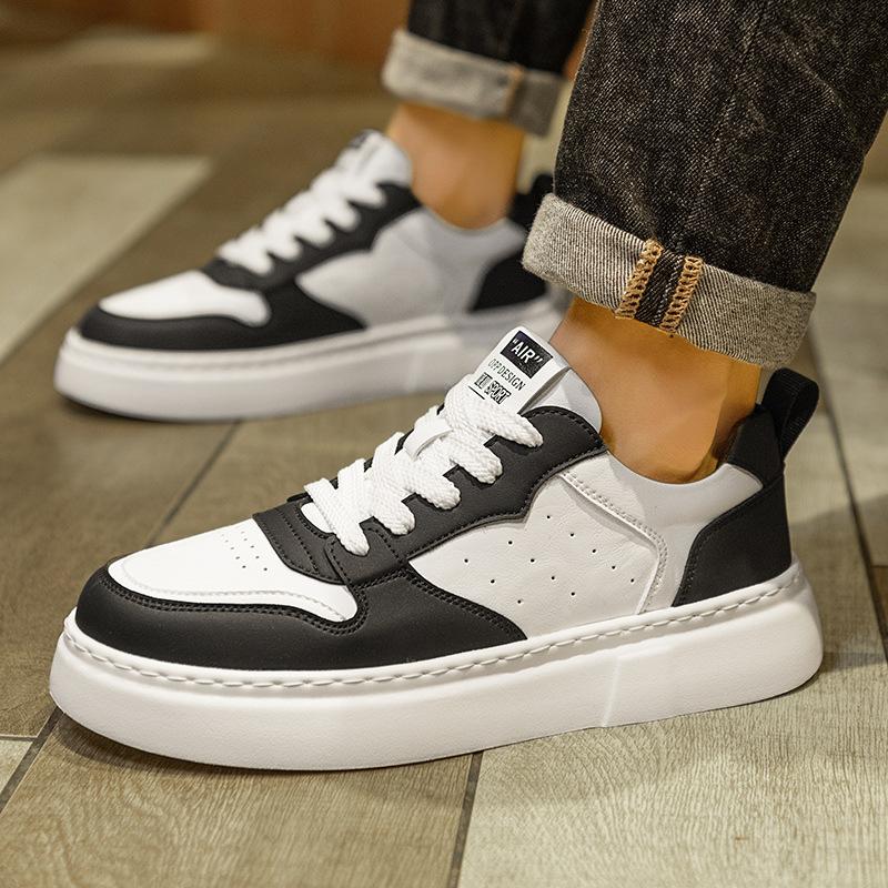 Мужская обувь черного и белого цвета, контрастные цвета, кожаная поверхность, дышащая, повседневная обувь для скейтбординга, толстая подошва, увеличивающая высоту, повседневная спортивная обувь