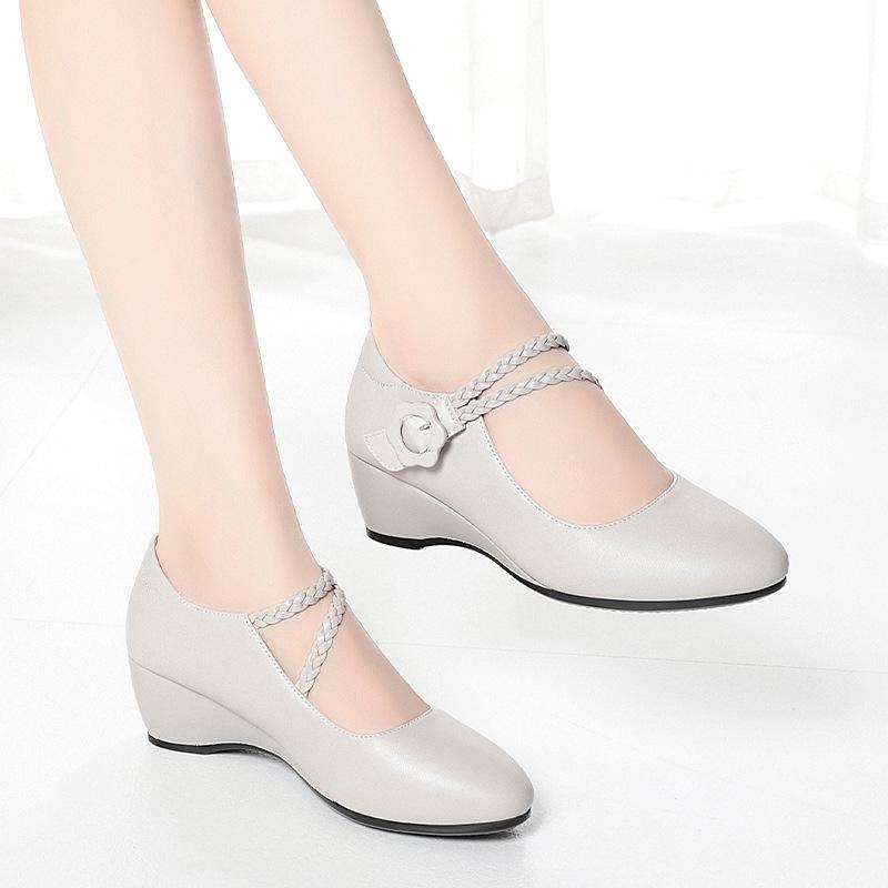 Women's Single Shoes with Buckle, Catwalk Shoes, Wedge Heels, Soft Leather and Soft Sole Shoes, Comfortable Shoes