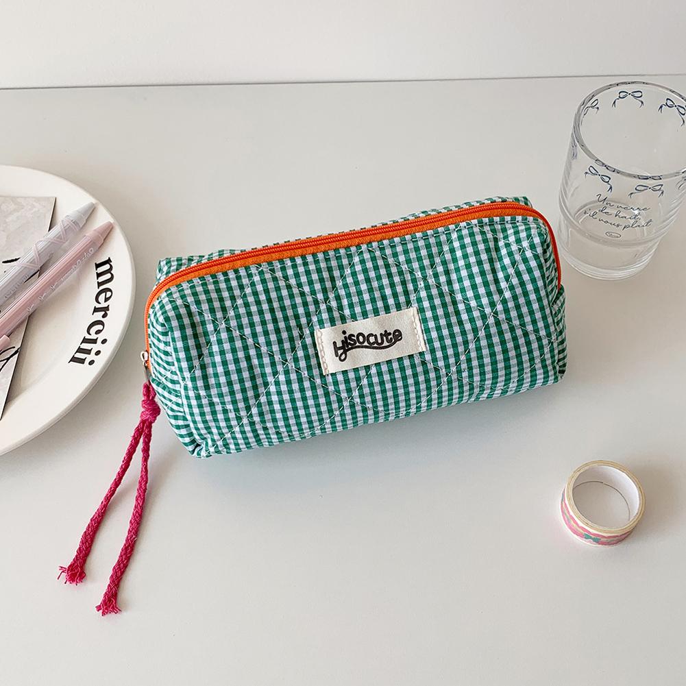 Large Capacity Plaid Cloth Pencil Case Korean Style Cloth Makeup Bag INS Style Student Stationery Storage Bag