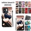 Handmade PU Leather Flip Case for Infinix Smart 9 (X6532) Anti-Slip Shockproof Cover with Wrist Strap & Heart/Rose Cat Designs
