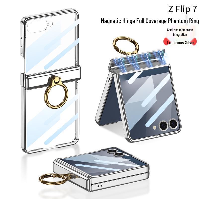Samsung Z Flip7 Transparent Phone Case with Integrated Ring Buckle and Full-Cover Hinged Hard Shell
