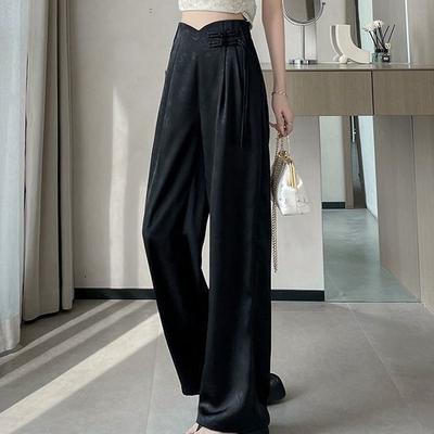 Новые китайские атласные жаккардовые брюки для женщин на весну и лето, новые свободные прямые брюки с высокой талией и широкими штанинами на пуговицах