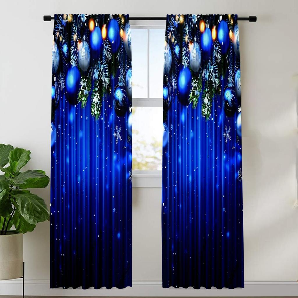 2PCS Merry Christmas Red New Year Gold Ball White Snowflake Light Filtering Curtains for Living Room Bedroom Window Drape Decor