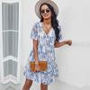 Sexy V Neck Floral For Women Short Sleeve High Waist Casual Print Dresses Ladies Summer Chiffon Dress