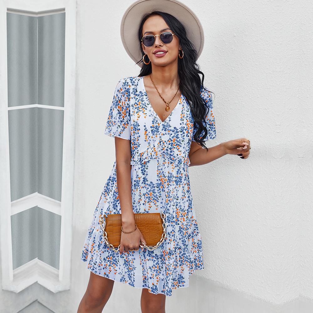 Sexy V Neck Floral For Women Short Sleeve High Waist Casual Print Dresses Ladies Summer Chiffon Dress