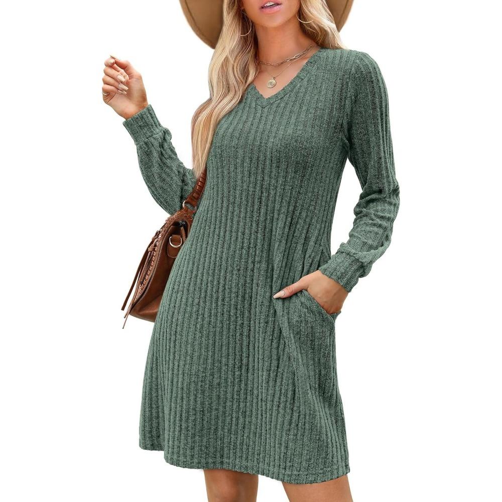 HNXC Women's Fashion Autumn Winter Solid Color Print Long Sleeve V-Neck Casual Dresses