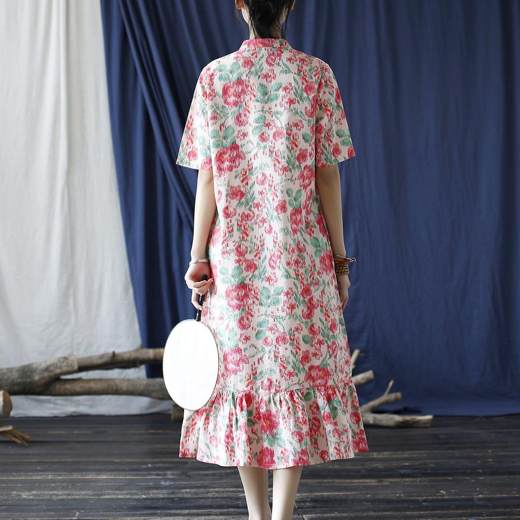Johnature Женское платье трапециевидной формы в китайском стиле с коротким рукавом и цветочным принтом, летние винтажные хлопковые женские платья