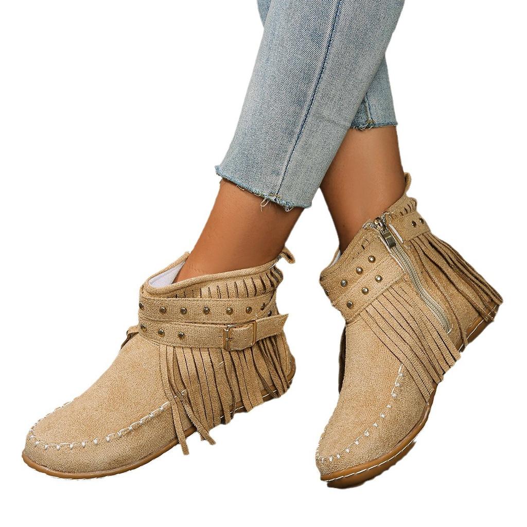 Осенние ботильоны на плоской подошве, женские замшевые ботинки с кисточками в стиле ретро, модные короткие ботинки с круглым носком и мягкой подошвой, повседневная женская обувь