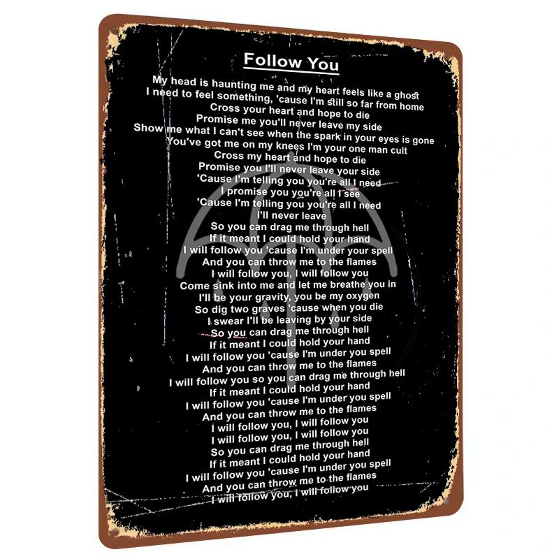 Custom Follow You Lyrics Metal Wall Art Home Decor Living Room Bedroom Hanging Ornament