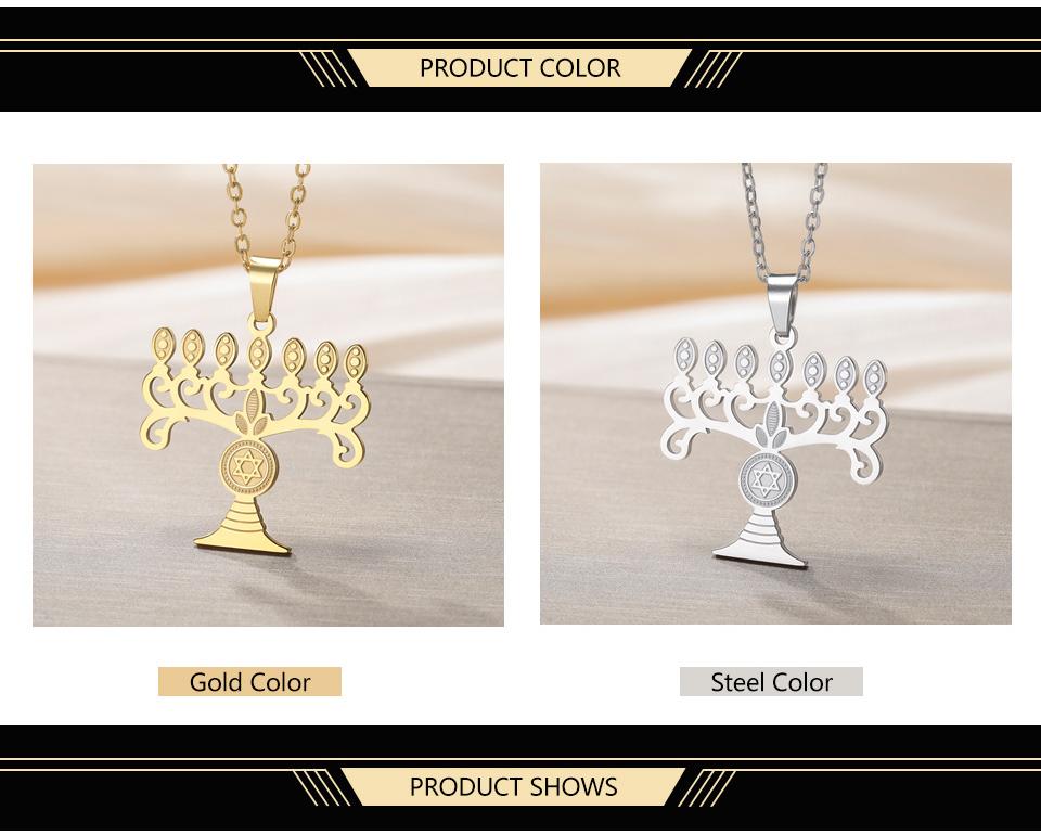 Chanukah Menorah Necklace Religious Jerusalem Temple Hanukkah Shammash Pendant Stainless Steel Judaica Jewelry