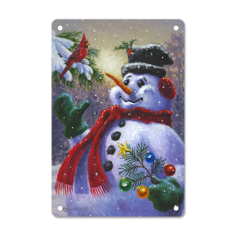 Merry Christmas Posters Tin Sign Cute Snowman and Santa Claus Metal Plaque Wall Art Decor Christmas Gift