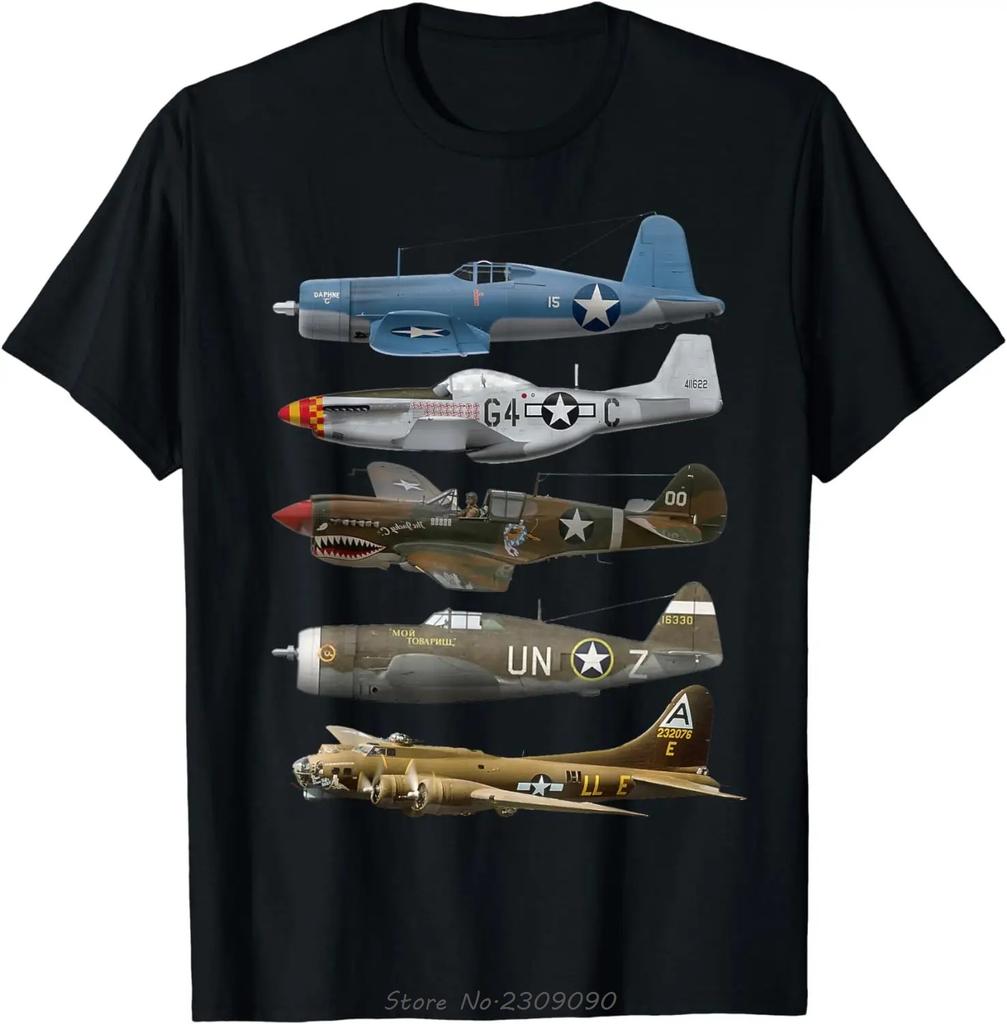 Бомбардировщики B-17 P51 Mustang F4U Corsair P40 Warhawk Большемерная футболка Повседневная хлопковая футболка Мужская одежда Унисекс Топы Футболки