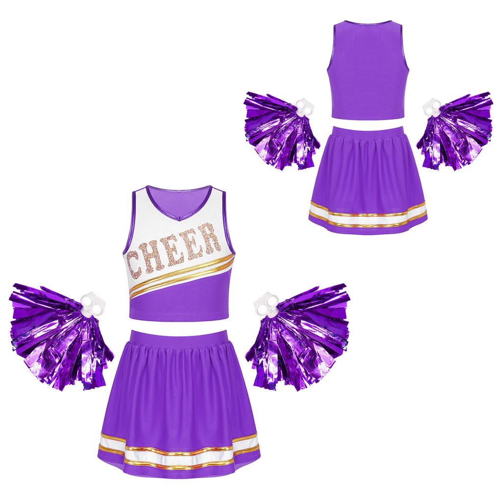 Детский танцевальный комплект Черлидинга для девочек, укороченный топ без рукавов с v-образным вырезом и буквенным принтом, юбка и 1 пара цветочных шариков с кисточками