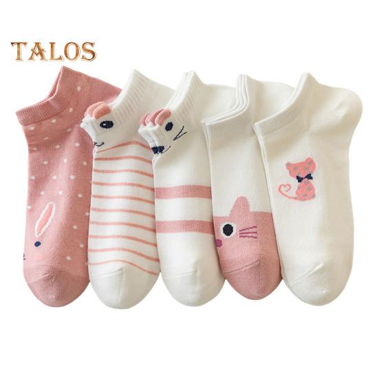 5 Pairs Women Socks Refreshing Flower Prints Mid-tube Shallow-cut High Elasticity Soft Breathable Sweat Absorption Anti-slip Girls Daily Sports Socks