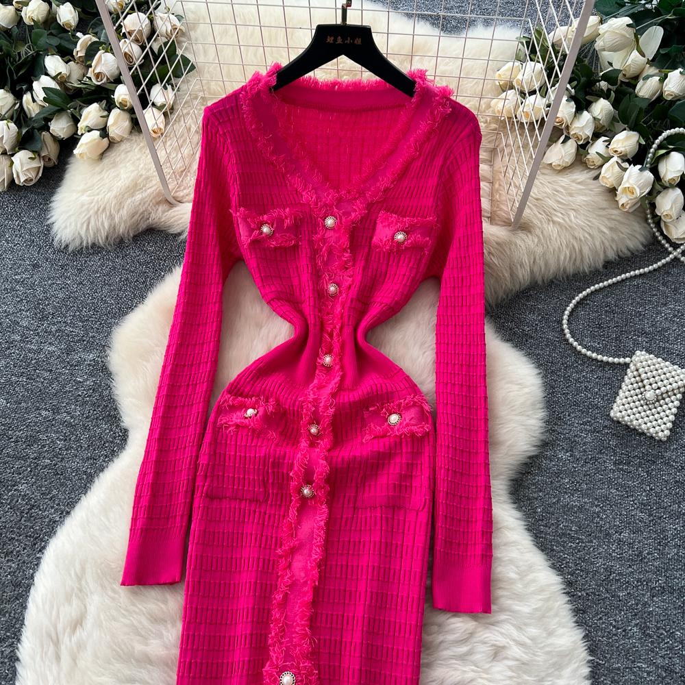 Новые женские платья Осень Зима Винтажное лоскутное вязаное миди-платье Элегантное платье-рубашка-свитер с V-образным вырезом и оборками