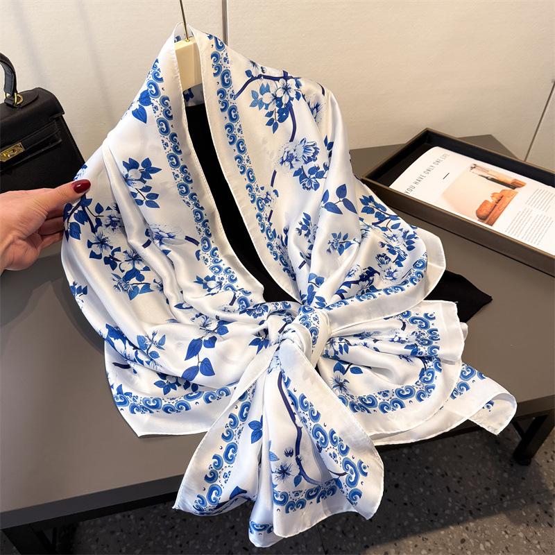 Luxury Satin Silk Scarf Women New Fashion Print Shawl and Wraps Neckerchief Large Hijab Beach Stoles Headscarves Echarpe Bandana