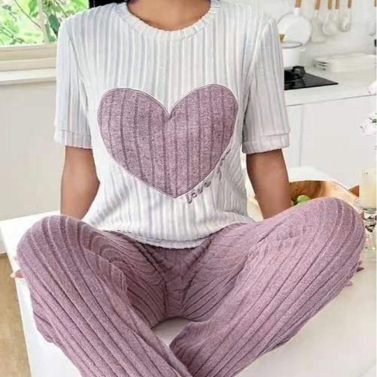 Женский осенний пижамный комплект Sweet Love: Круглый вырез, короткий рукав и брюки - удобная домашняя одежда из двух предметов