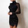 Женские вечерние платья для вечеринок, осеннее простое черное с открытыми плечами и длинными рукавами, контрастное кружевное блестящее облегающее мини-платье