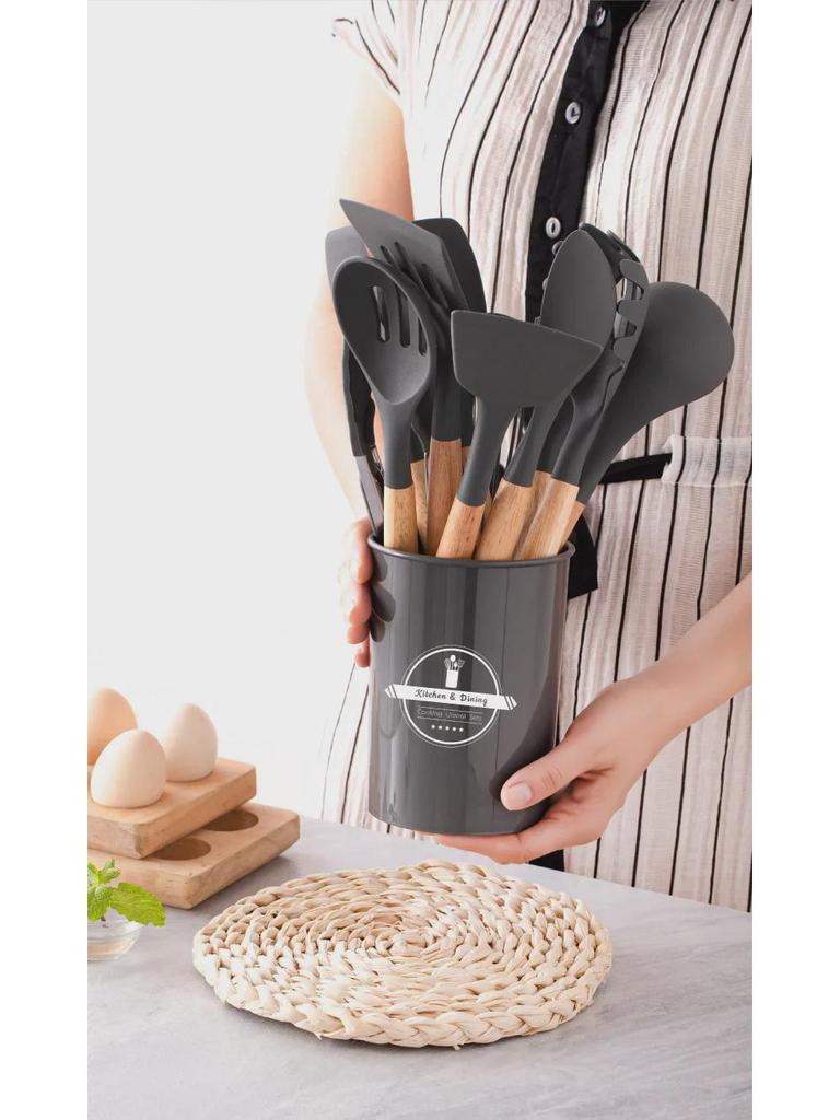 Набор из 12 кухонных принадлежностей из силикона с деревянными ручками - антипригарные, термостойкие лопатки и ложки для супа