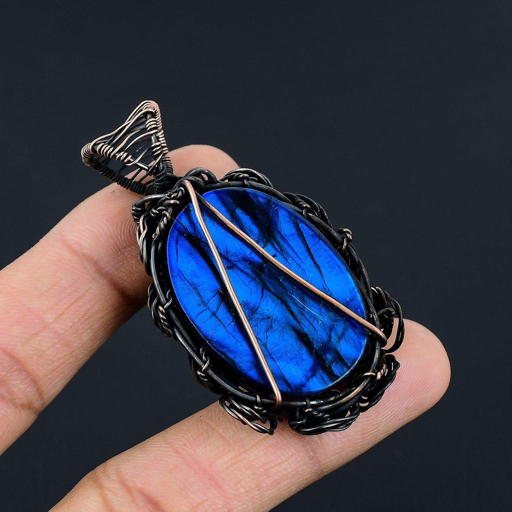 Подвеска ручной работы из лабрадорита с голубым отблеском, украшения из натуральных драгоценных камней, подвеска, обернутая медной проволокой 999 пробы, для подарка