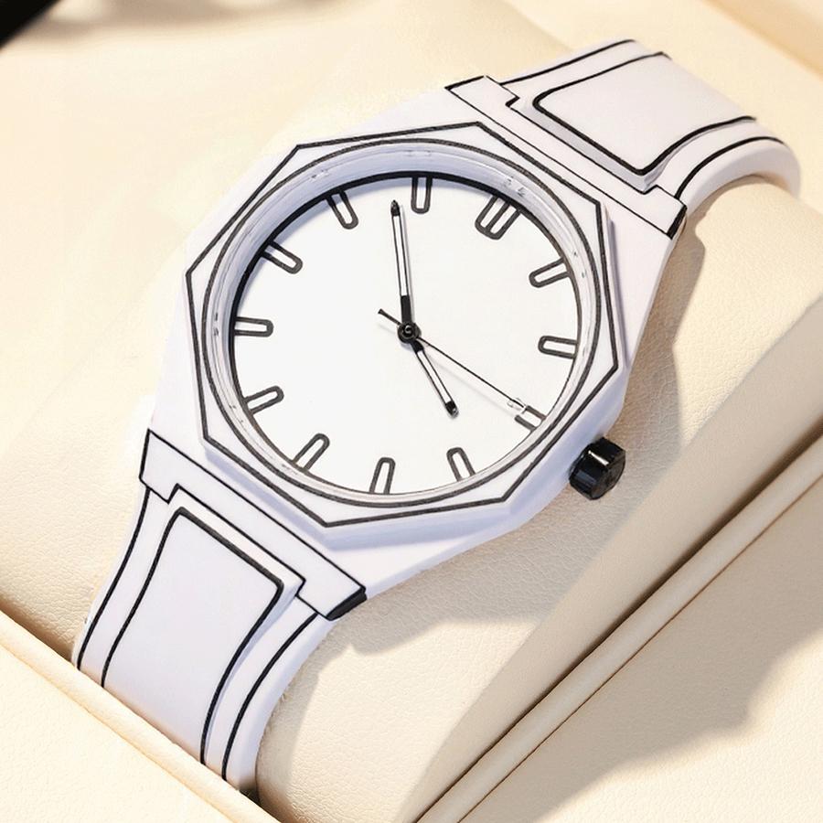 Minimalist Women's Quartz Watch Soft Silicone Band Waterproof Black White Quartz Wristwatch Luxury Ladies Comic-book Clock