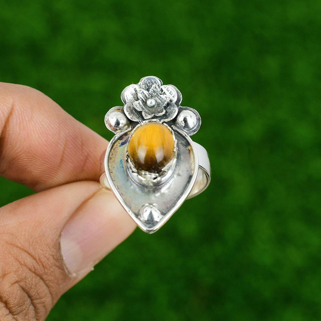 Natural Tiger'S Eye Gemstone Multi Stone Flower Adjustable Ring 925 Silver