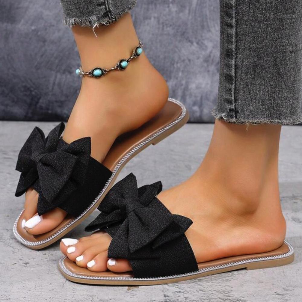 Женские тапочки на плоской подошве, летние модные босоножки с бантом, обувь для женщин, повседневные пляжные тапочки с плоским квадратным носком, шлепанцы для женщин