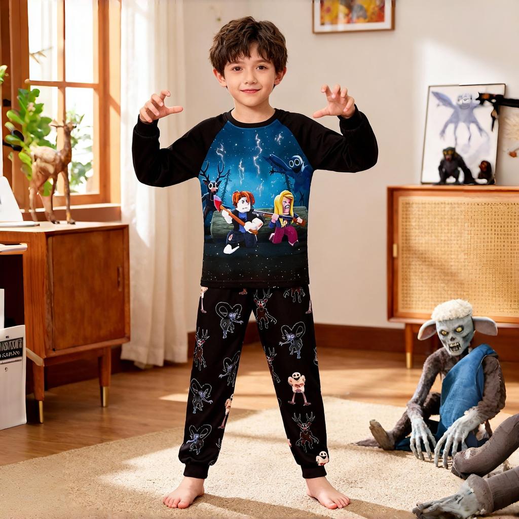 Parent-Child Printed Cute Forest Pyjamas Shirt And Pants Set For Boys Long Sleeve Suit
