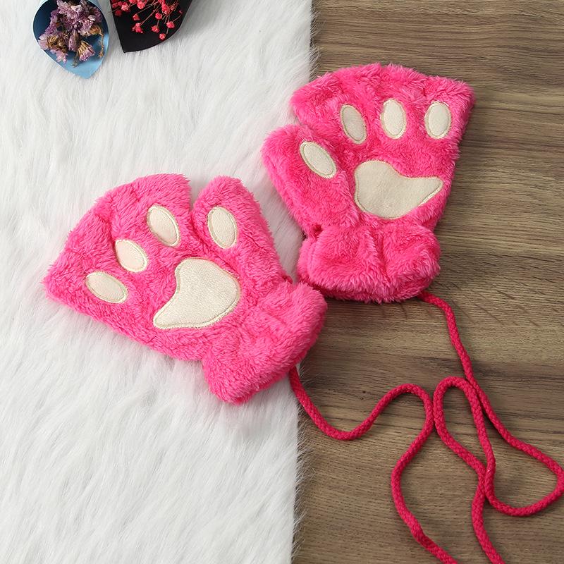 Winter Cute Cartoon Half-Finger Fleece Gloves for Women, Bear & Cat Paw Design.