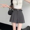 Women's Summer 2024 Gray Pleated High-Waist A-Line Skirt Shorts - Slim, Loose Fit