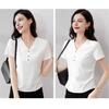 Women T-shirt V-Neck Buttons Decor Short Sleeve T-Shirt Slim Fit Soft Elastic Pullover Tops Commuting Style Tops