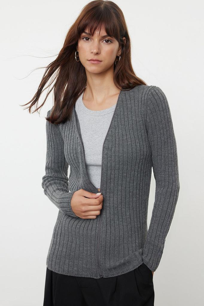 Женский модный стильный кардиган темно-синий базовый трикотаж в рубчик на молнии кардиган