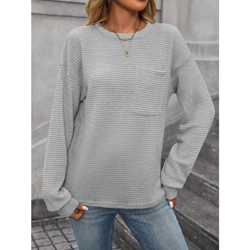 Женские модные повседневные весенне-осенние однотонные блузки и рубашки с круглым вырезом с длинными рукавами и принтом