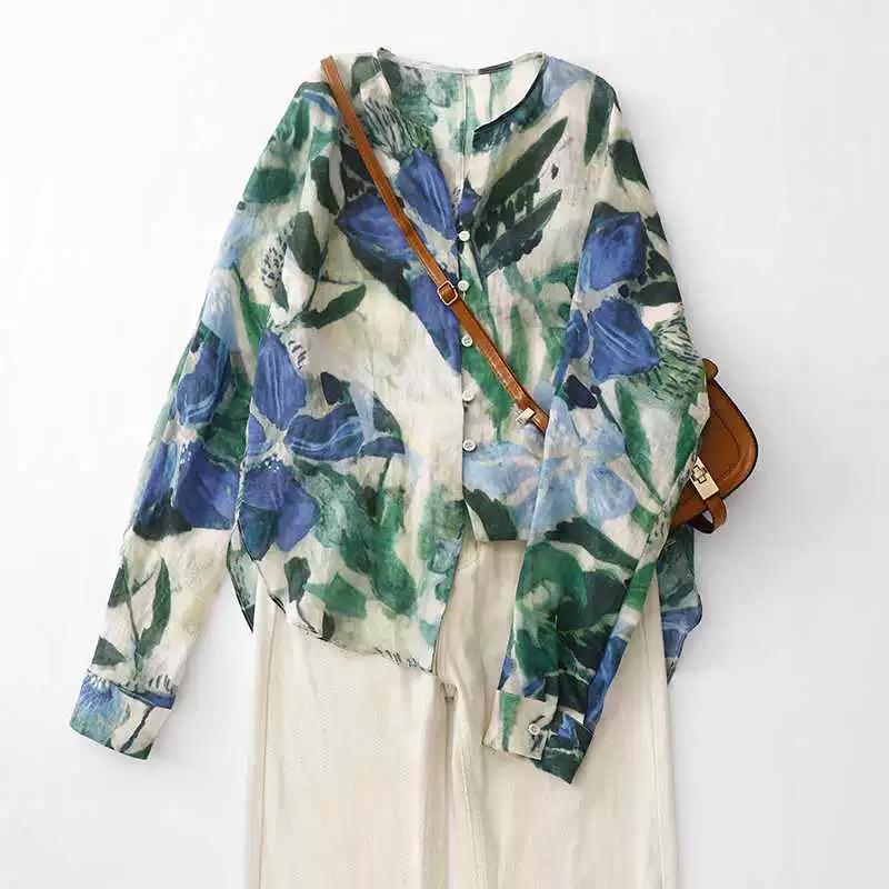 Ramie Smudged Printed Long-sleeved Shirt Women's Autumn Loose Niche Design Sense V-neck Sunscreen Top