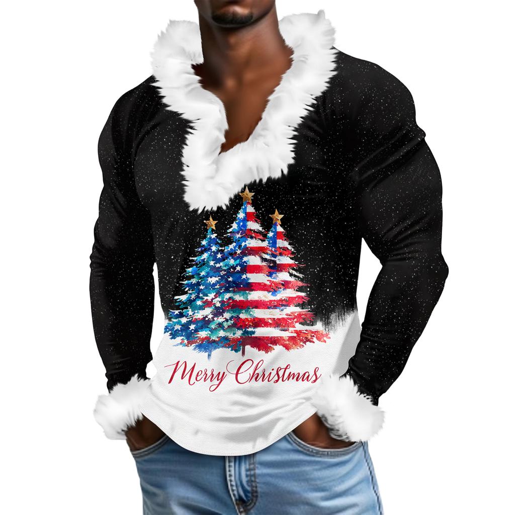 Мужской повседневный рождественский плюшевый свитшот с V-образным вырезом и длинными рукавами из флиса