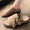 Fashion Korea Ladies 2025 Summer New Thick-Soled Retro Tassel Slip-On One-Strap Lazy Women's Outdoor Solid Soft-soled Sandals