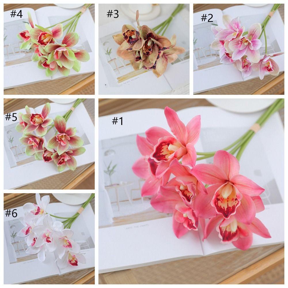 6pcs Realistic Artificial Cymbidium Flowers Real Touch Fake Flower  Outdoor Garden Decor