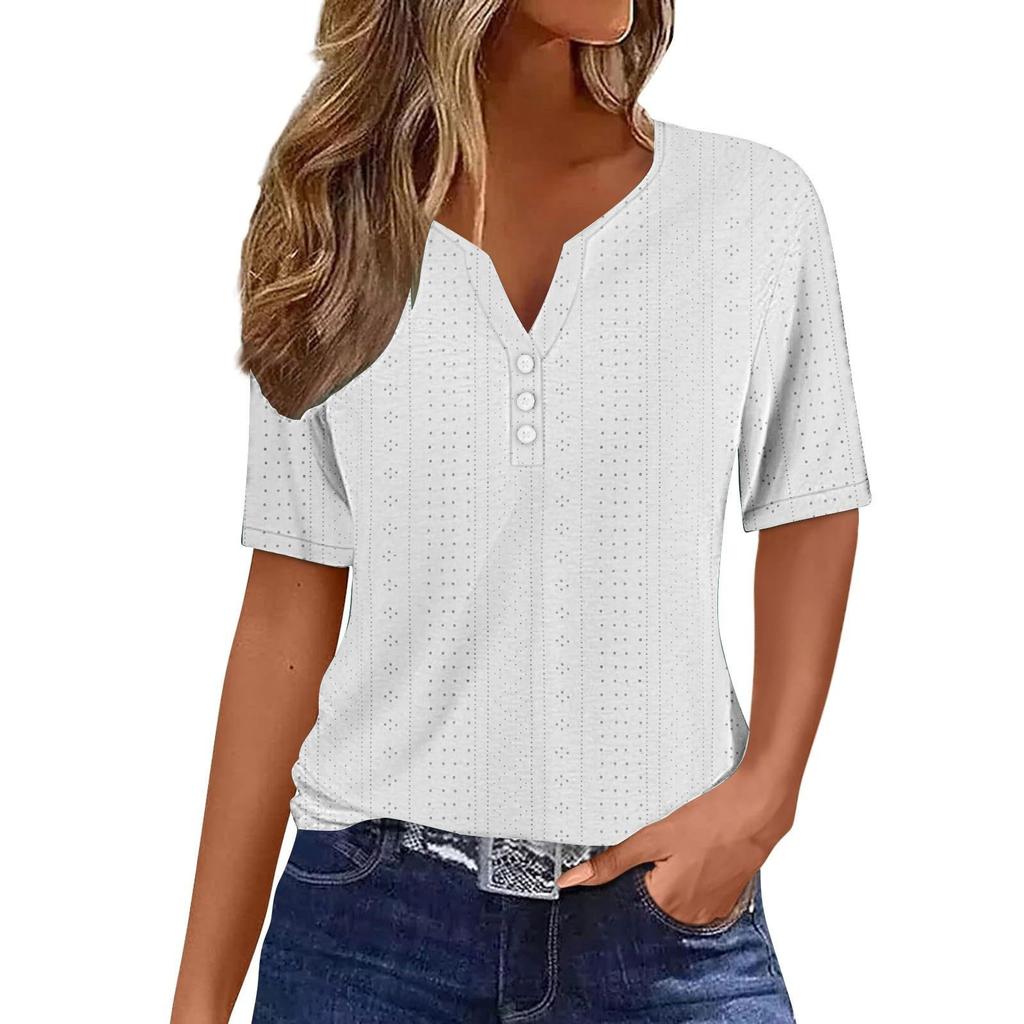 Women's T Shirt Tee Casual V-neck Short-sleeved T-shirt Solid Button Top
