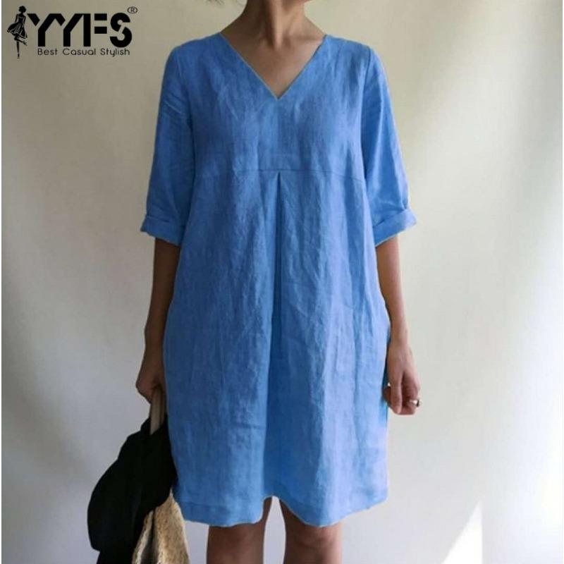 YYFS Женская мода лето весна однотонный принт с коротким рукавом и v-образным вырезом свободная талия повседневные платья