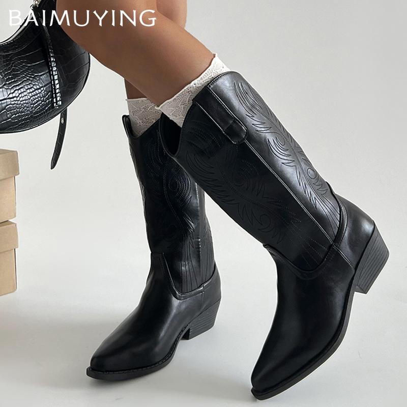 Женские сапоги с острым носком и вышивкой, дизайнерские туфли на среднем каблуке, зимняя обувь 2025 года, модные гладиаторы средней длины до икры, челси, Botas Mujer
