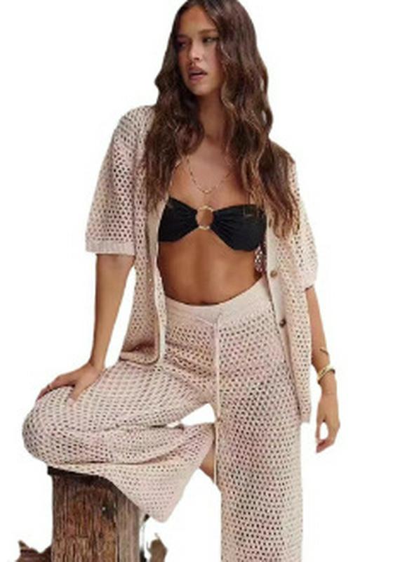 Sexy Comfortable Mesh Hole Studded Wool Knit Long Pants & Short Sleeve Shirt Set